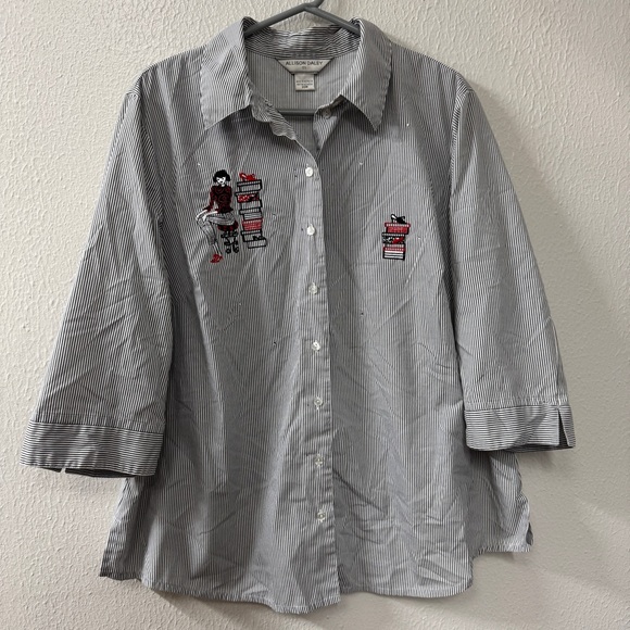 Allison Daley Tops - Allison Daley Women's Embroidered Black & White Striped Button-Up Shirt